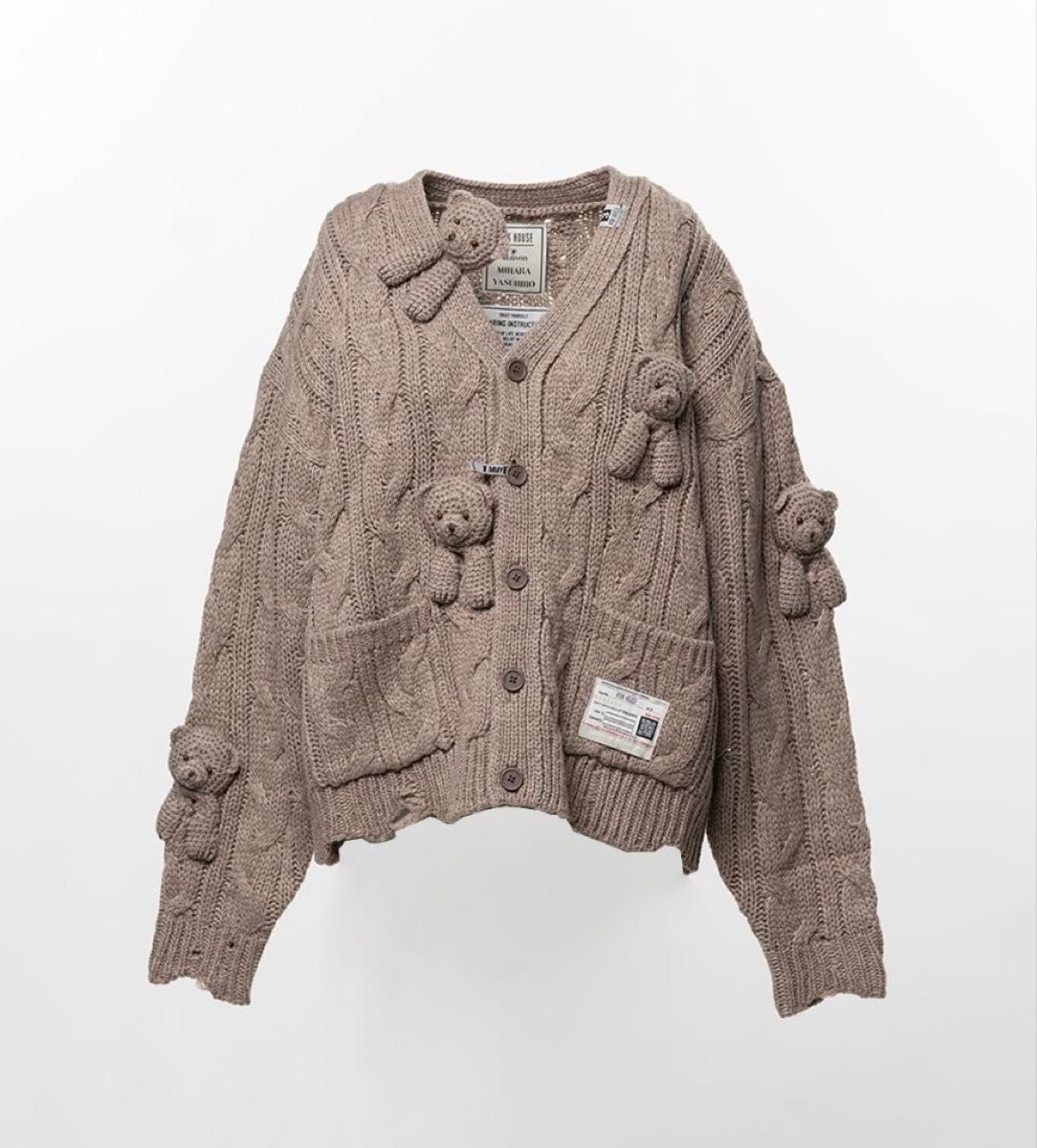 Pink House x Maison Mihara Yasuhiro Bear Motif Cable Knit Cardigan, Beige, Size 38, New, view 1