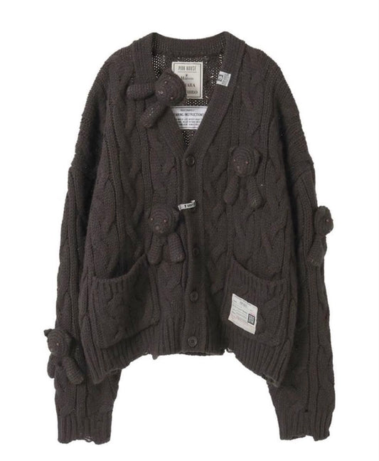 Pink House x Maison Mihara Yasuhiro Bear Motif Cable Knit Cardigan, Black, Size 36, New, view 1