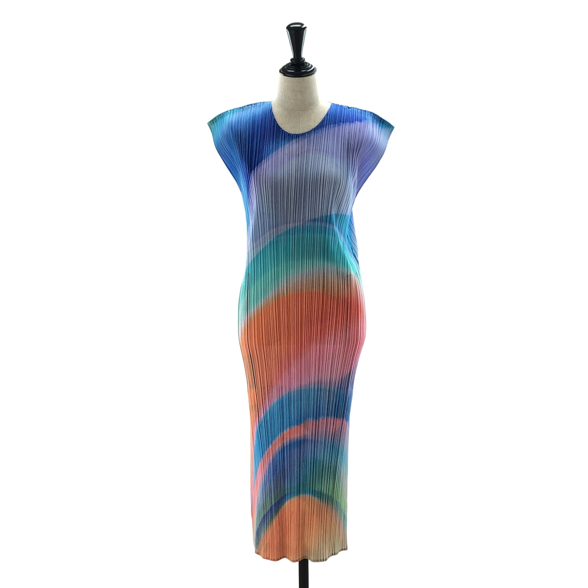 Pleats Please Issey Miyake AW2025 GROOVE Pleated Dress PP53-JH685, Blue and Coral Wave, Size 3, New with Tags, view 1
