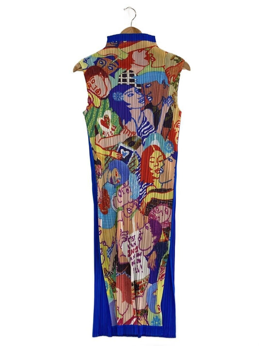 Pleats Please Issey Miyake Comic Portrait Column Dress, Royal Blue Back, Mock Neck, Size 3, view 1