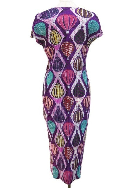 Pleats Please Issey Miyake Hot-Air Balloon Print Cap-Sleeve Dress, Purple, Pink and Teal, view 2