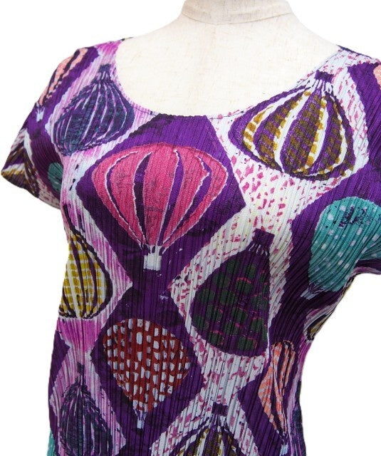 Pleats Please Issey Miyake Hot-Air Balloon Print Cap-Sleeve Dress, Purple, Pink and Teal, view 3