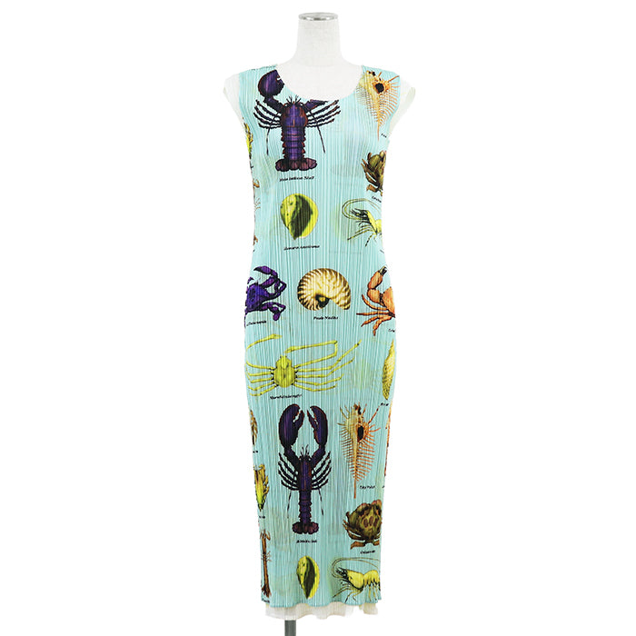 Pleats Please Issey Miyake Layered Seafood Maxi Dress, Lobster and Shell Print, Pastel Aqua, Size 2, view 1