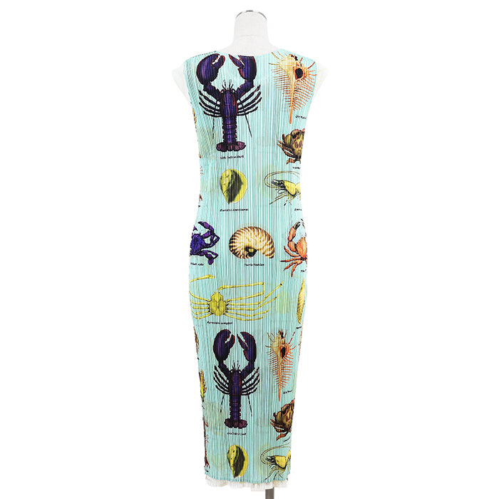 Pleats Please Issey Miyake Layered Seafood Maxi Dress, Lobster and Shell Print, Pastel Aqua, Size 2, view 2