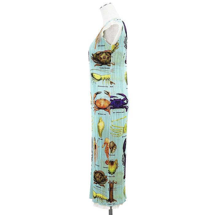 Pleats Please Issey Miyake Layered Seafood Maxi Dress, Lobster and Shell Print, Pastel Aqua, Size 2, view 3