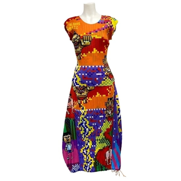 Pleats Please Issey Miyake Pixel-Art Top and Skirt Set, Multicolour 8-Bit Print, Size 3, Toggle Hem, view 1