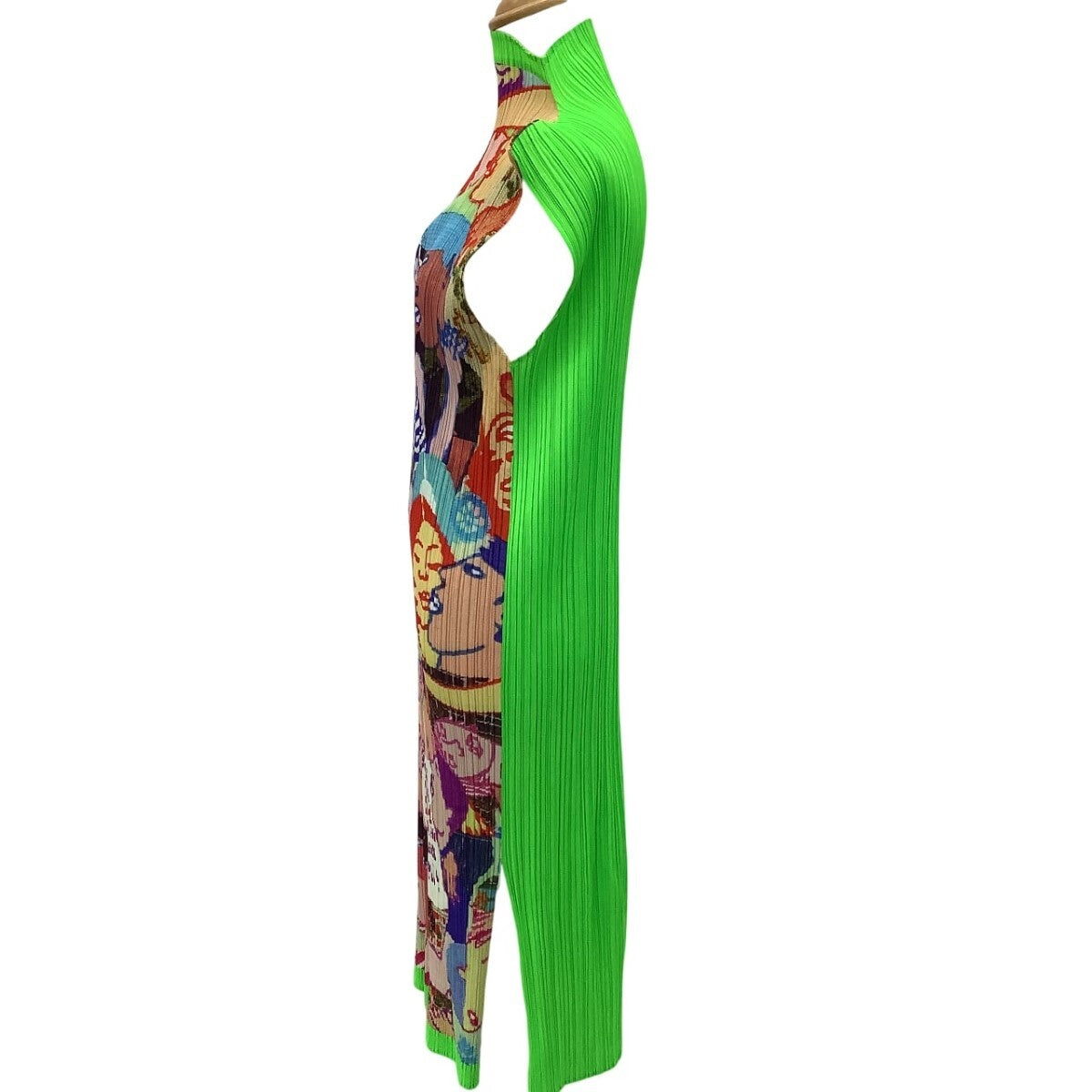 Pleats Please Issey Miyake Pop Portrait Sleeveless Column Dress, Neon Green Back, Size 4, view 2