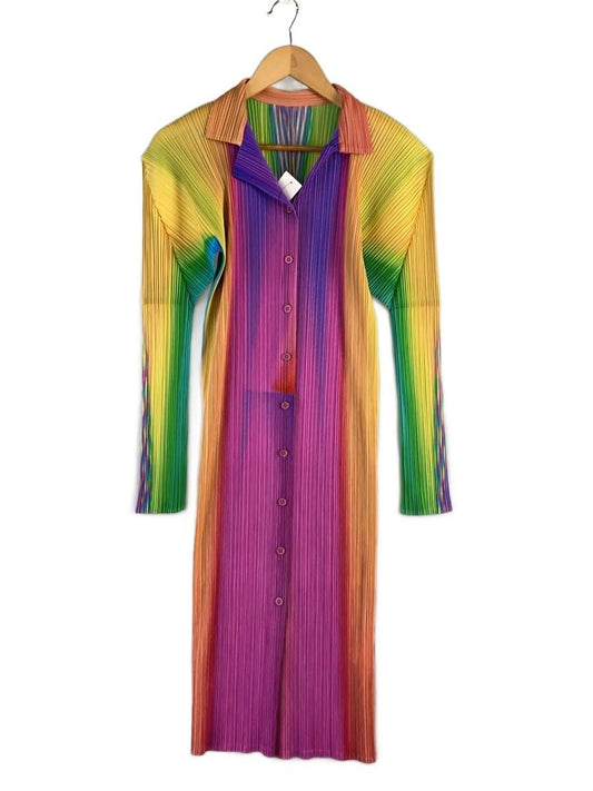 Pleats Please Issey Miyake PP79-JH825 Rainbow Gradient Pleated Shirt Dress, Long Sleeves, Collared, Size 3, view 1