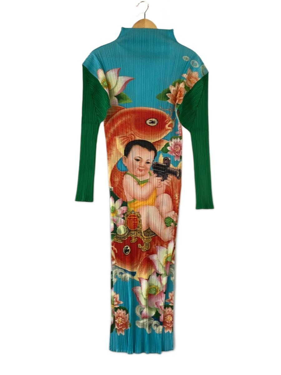 Pleats Please Issey Miyake SS1998 Lucky Child and Golden Carp Print Long Dress PP81-JH988, Turquoise and Green, Size 3, view 1