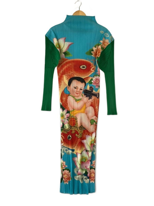 Pleats Please Issey Miyake SS1998 Lucky Child and Golden Carp Print Long Dress PP81-JH988, Turquoise and Green, Size 3, view 1