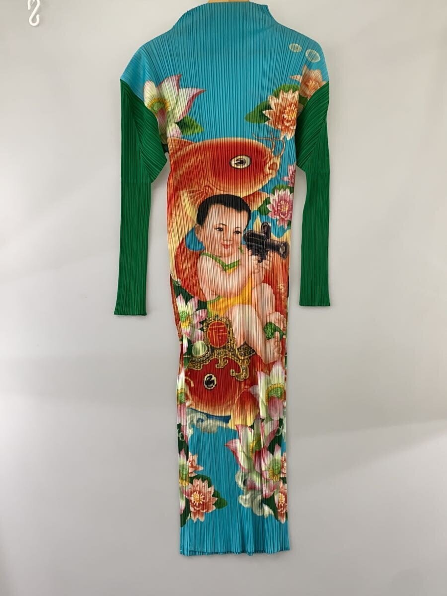Pleats Please Issey Miyake SS1998 Lucky Child and Golden Carp Print Long Dress PP81-JH988, Turquoise and Green, Size 3, view 2
