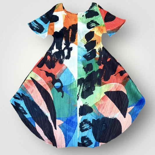 Pleats Please Issey Miyake SS2019 Short-Sleeve Bell Dress, Painterly Multicolour Print, Size 3, Excellent Condition, view 1