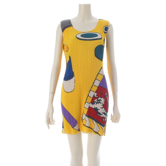 Pleats Please Issey Miyake Stationery Print Sleeveless Mini Dress, Yellow, Pencil and Lips Motifs, Size 4, view 1