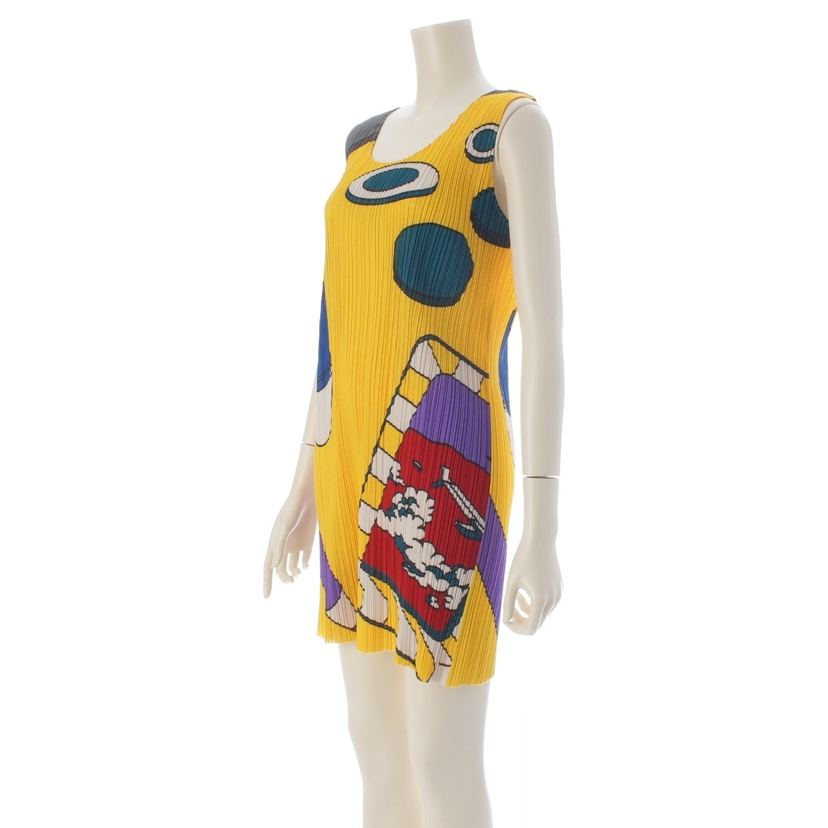 Pleats Please Issey Miyake Stationery Print Sleeveless Mini Dress, Yellow, Pencil and Lips Motifs, Size 4, view 2