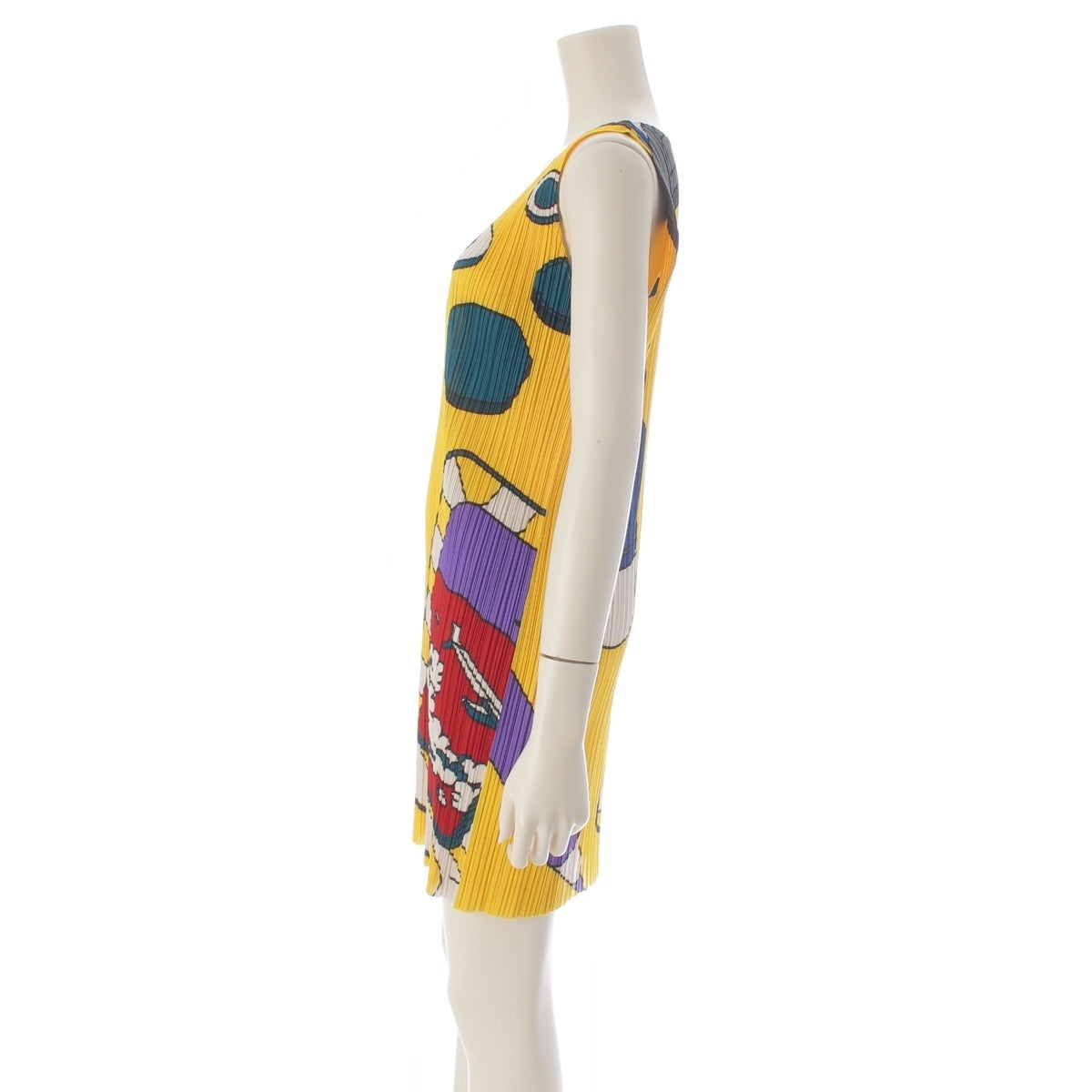 Pleats Please Issey Miyake Stationery Print Sleeveless Mini Dress, Yellow, Pencil and Lips Motifs, Size 4, view 3