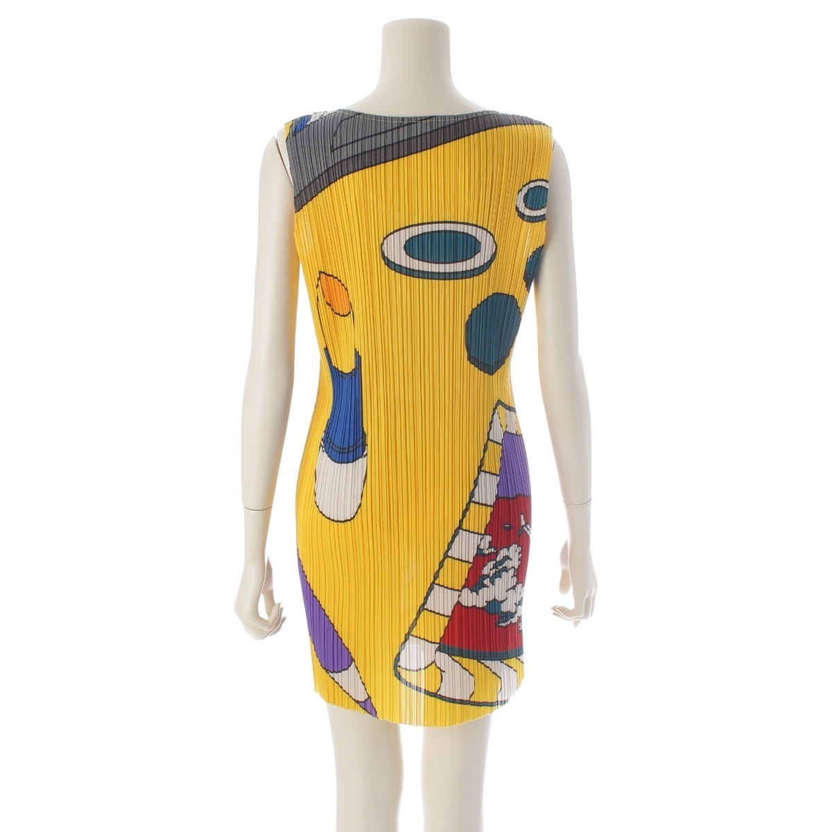 Pleats Please Issey Miyake Stationery Print Sleeveless Mini Dress, Yellow, Pencil and Lips Motifs, Size 4, view 4