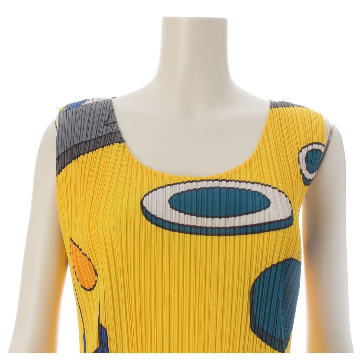 Pleats Please Issey Miyake Stationery Print Sleeveless Mini Dress, Yellow, Pencil and Lips Motifs, Size 4, view 5