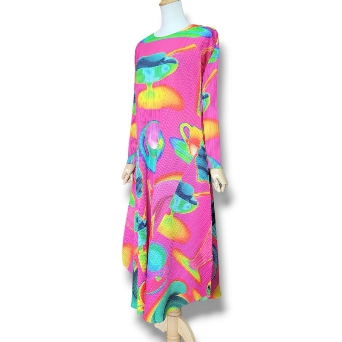 Pleats Please Issey Miyake Thermal Foods Long-Sleeve Maxi Dress, Pink Thermographic Print, Size 2, Near Unworn, view 2