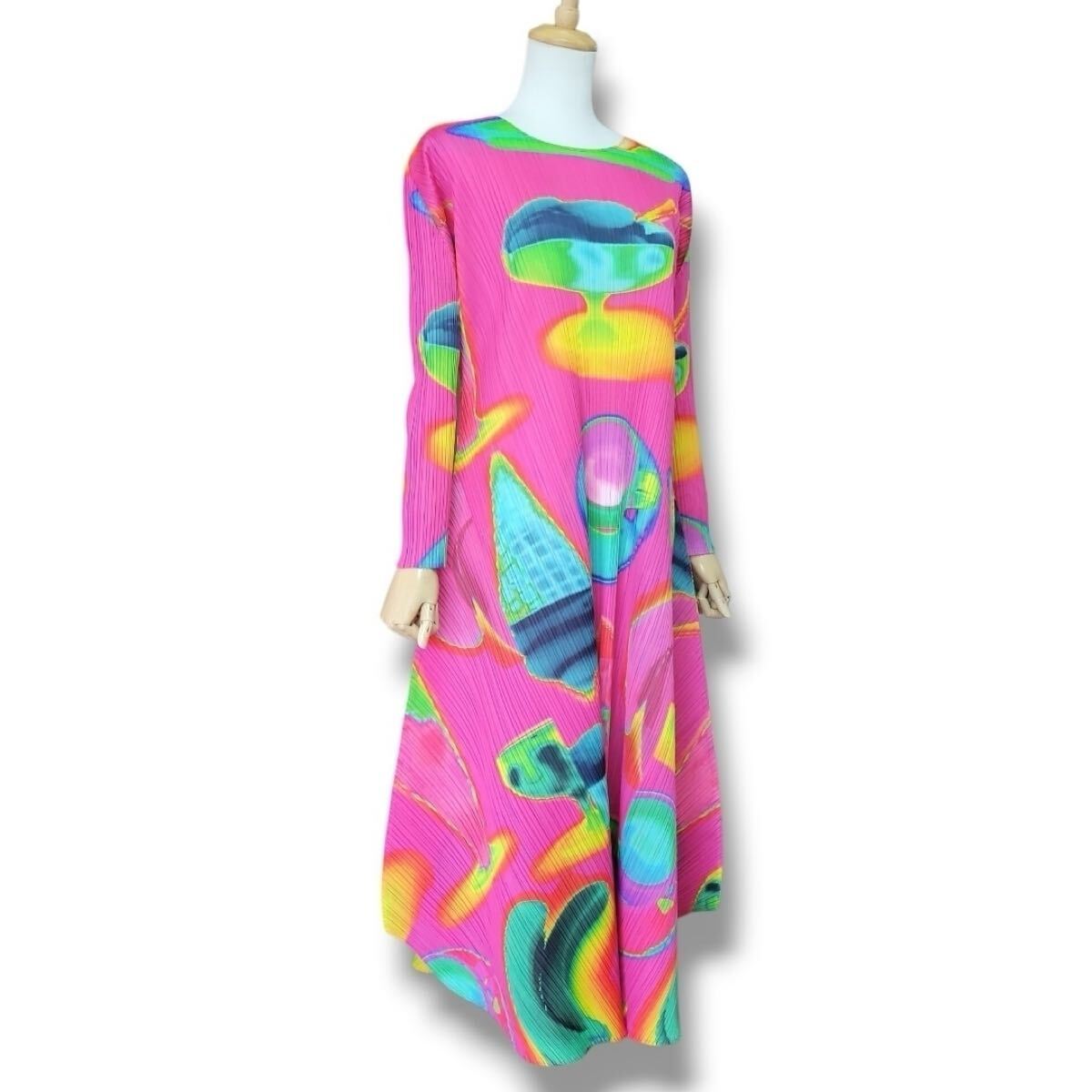 Pleats Please Issey Miyake Thermal Foods Long-Sleeve Maxi Dress, Pink Thermographic Print, Size 2, Near Unworn, view 5