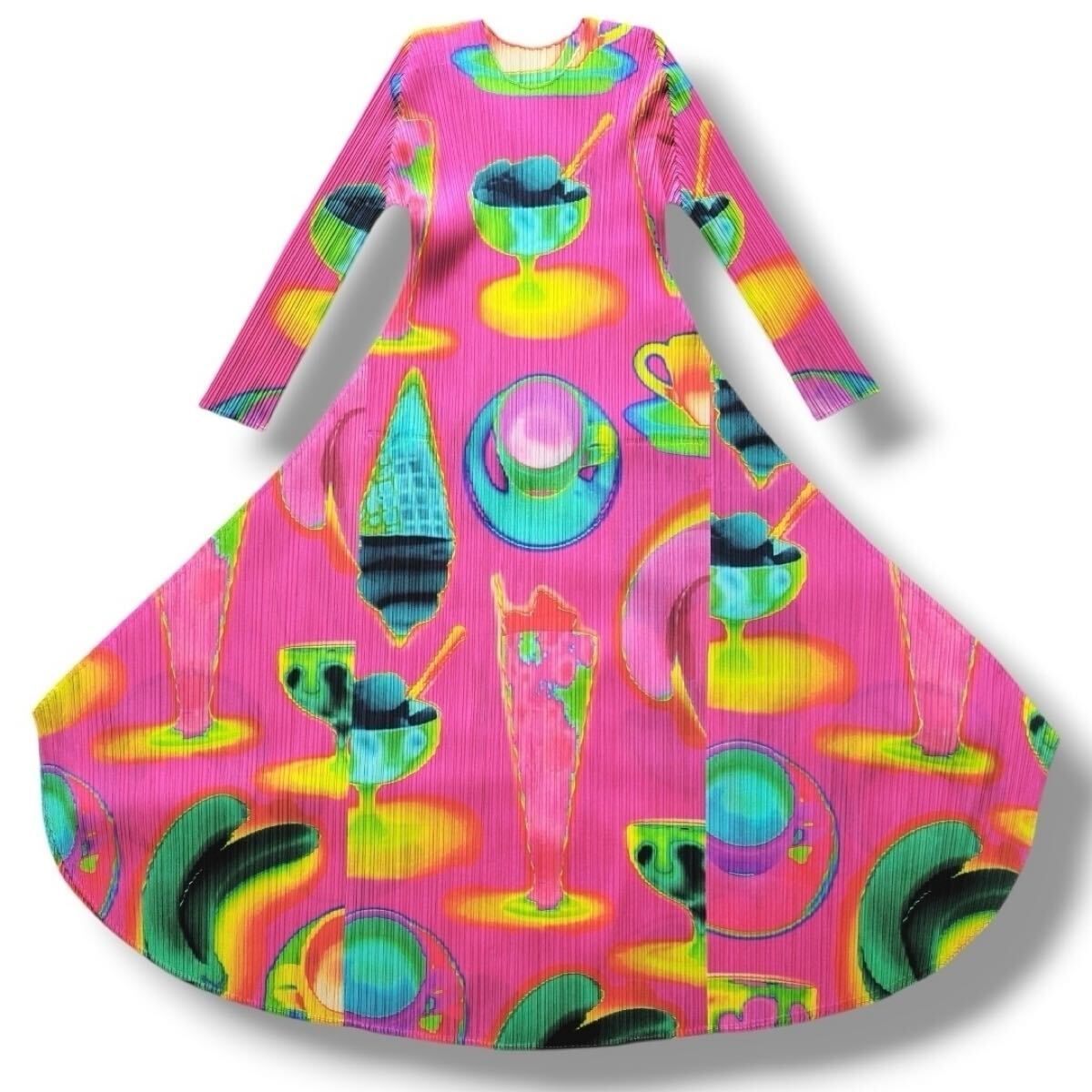 Pleats Please Issey Miyake Thermal Foods Long-Sleeve Maxi Dress, Pink Thermographic Print, Size 2, Near Unworn, view 6