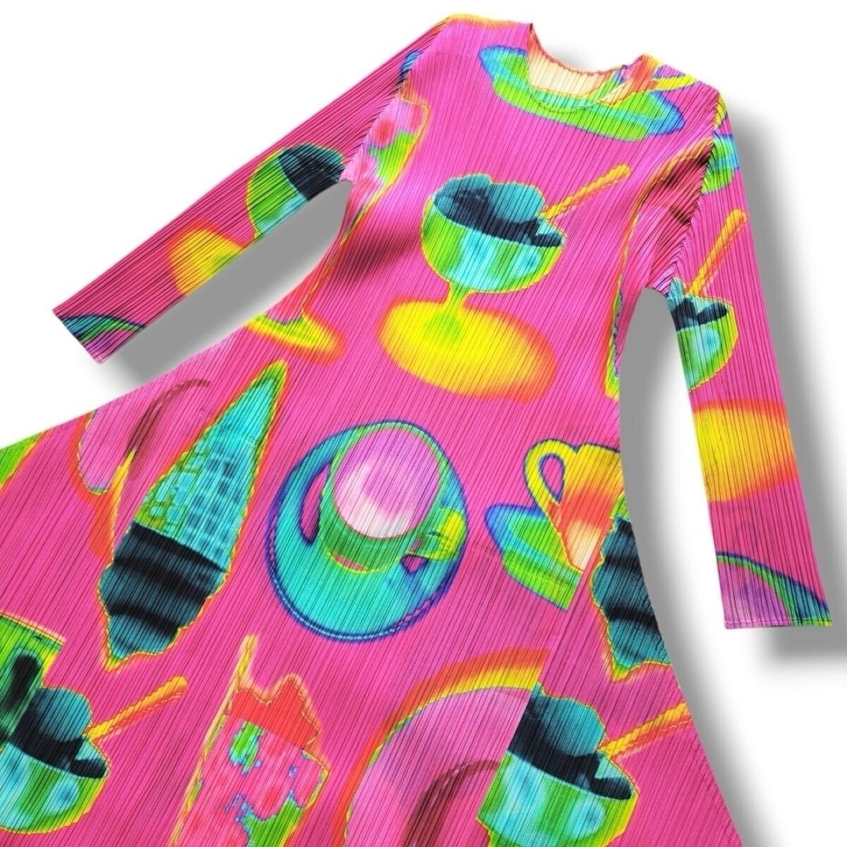Pleats Please Issey Miyake Thermal Foods Long-Sleeve Maxi Dress, Pink Thermographic Print, Size 2, Near Unworn, view 7