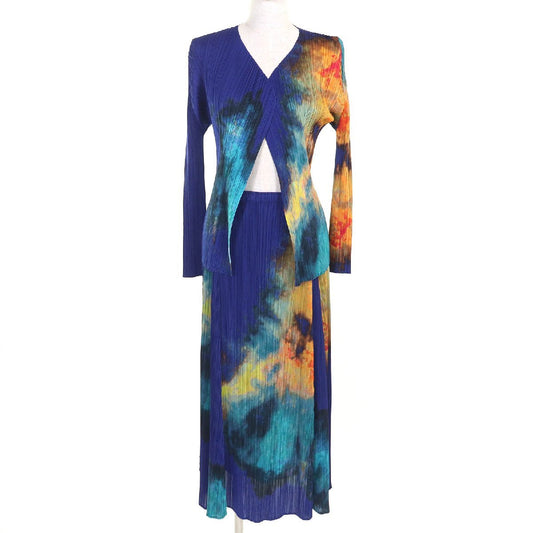 Pleats Please Issey Miyake Tie-Dye Gradation Cardigan and Long Skirt, Cobalt, Saffron and Teal, Sizes 4 and 5, view 1