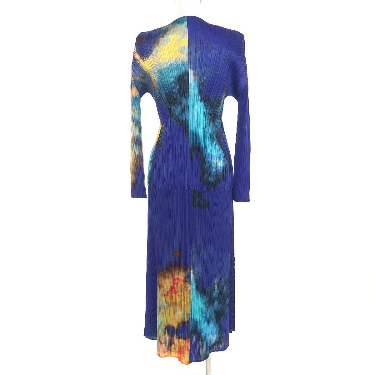 Pleats Please Issey Miyake Tie-Dye Gradation Cardigan and Long Skirt, Cobalt, Saffron and Teal, Sizes 4 and 5, view 3
