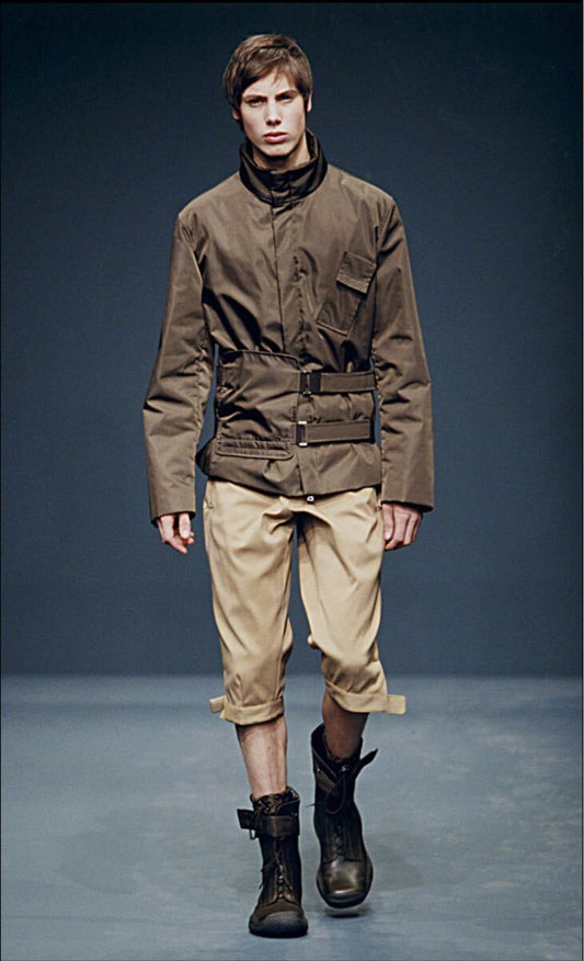 Prada AW1999 Layered Nylon Field Jacket with Stand Collar and Belted Hem, Olive Brown, Size XL, view 1