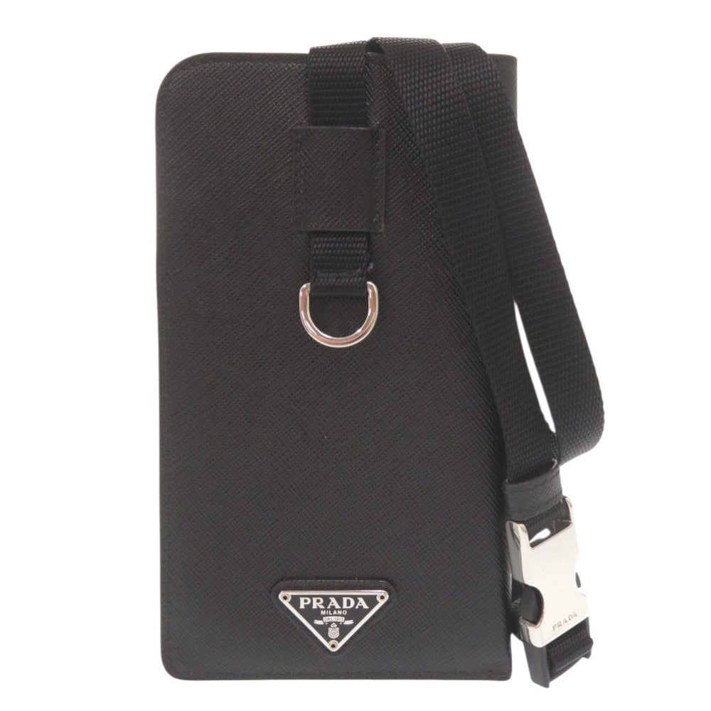 Prada Saffiano Phone Pouch with Neck Strap, Black, Triangle Logo, view 1