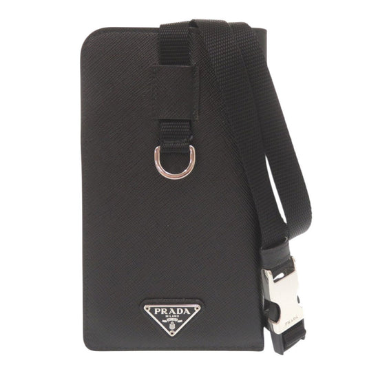 Prada Saffiano Phone Pouch with Neck Strap, Black, Triangle Logo, view 1