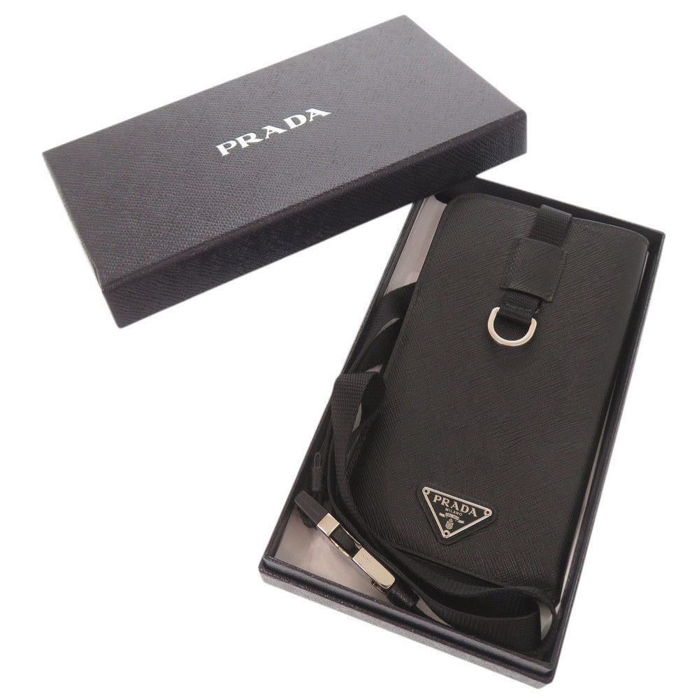 Prada Saffiano Phone Pouch with Neck Strap, Black, Triangle Logo, view 2