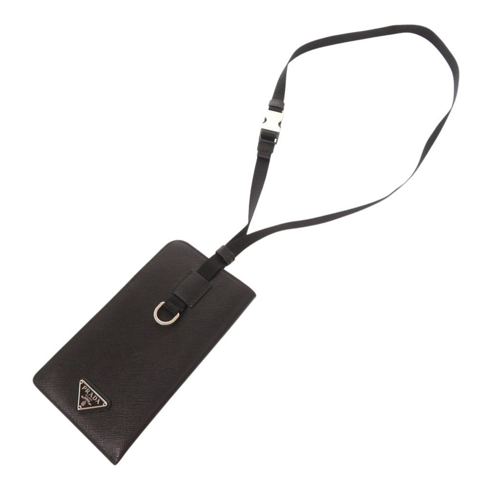 Prada Saffiano Phone Pouch with Neck Strap, Black, Triangle Logo, view 5