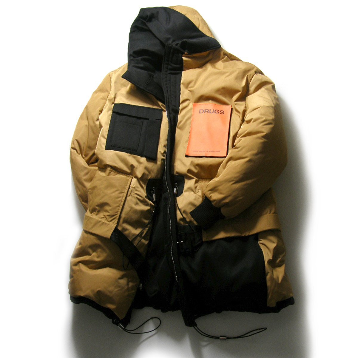 Raf Simons AW2018 Reversible Down Parka 182-710 with DRUGS Patches, Camel and Black, Size 46, Unworn with Tags, view 1