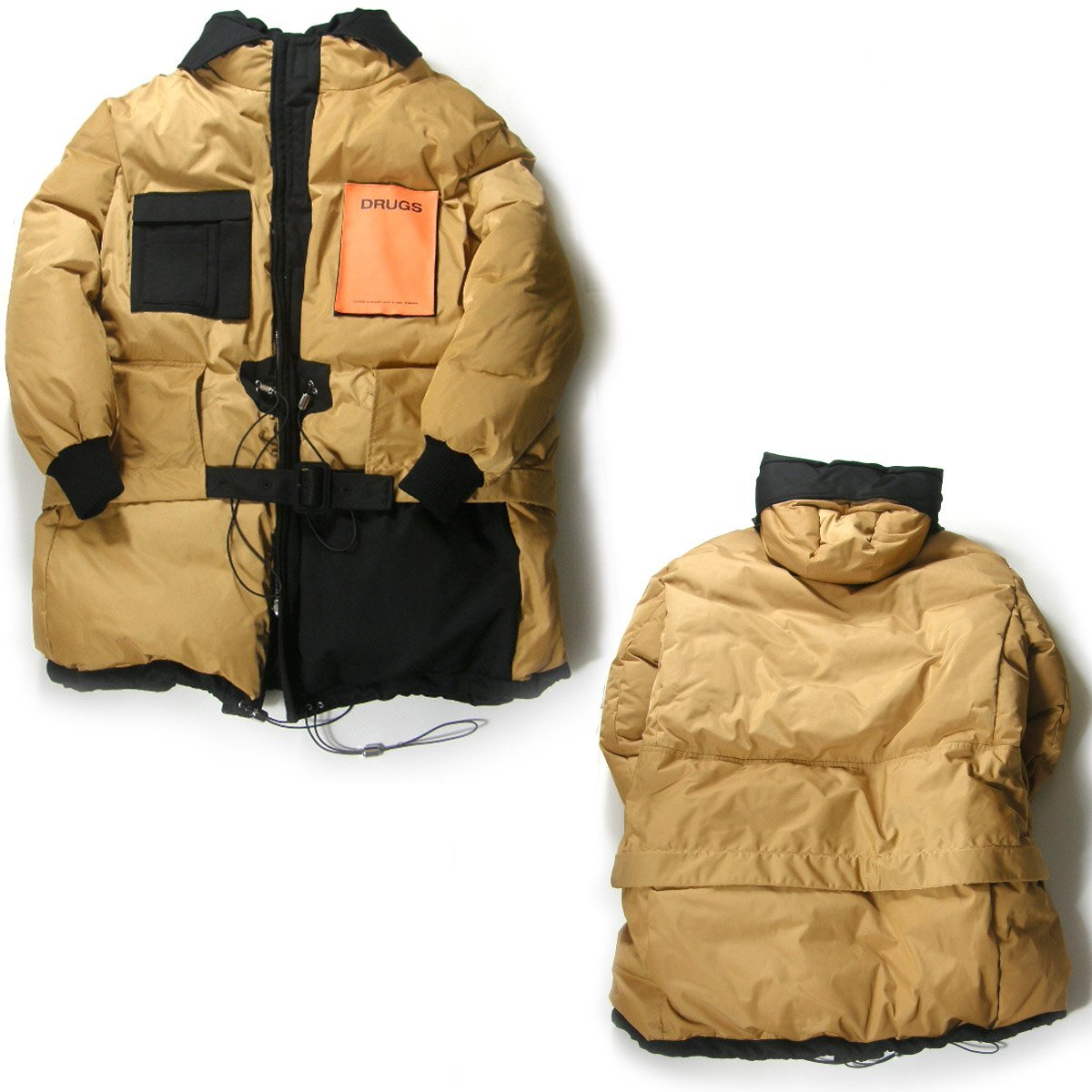 Raf Simons AW2018 Reversible Down Parka 182-710 with DRUGS Patches, Camel and Black, Size 46, Unworn with Tags, view 2
