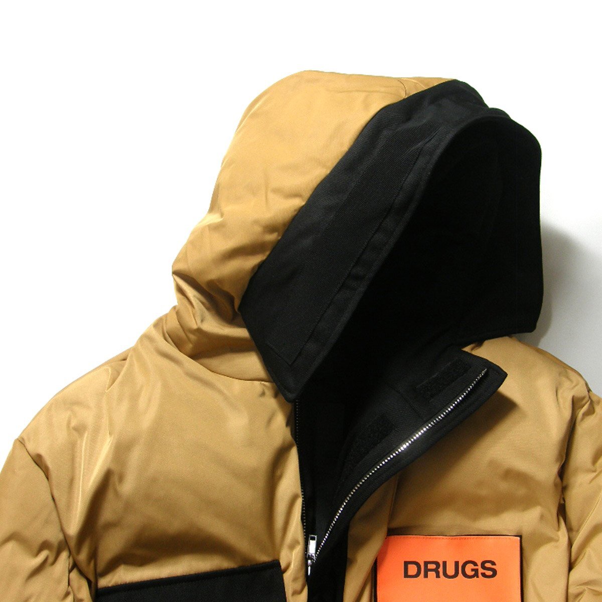Raf Simons AW2018 Reversible Down Parka 182-710 with DRUGS Patches, Camel and Black, Size 46, Unworn with Tags, view 4