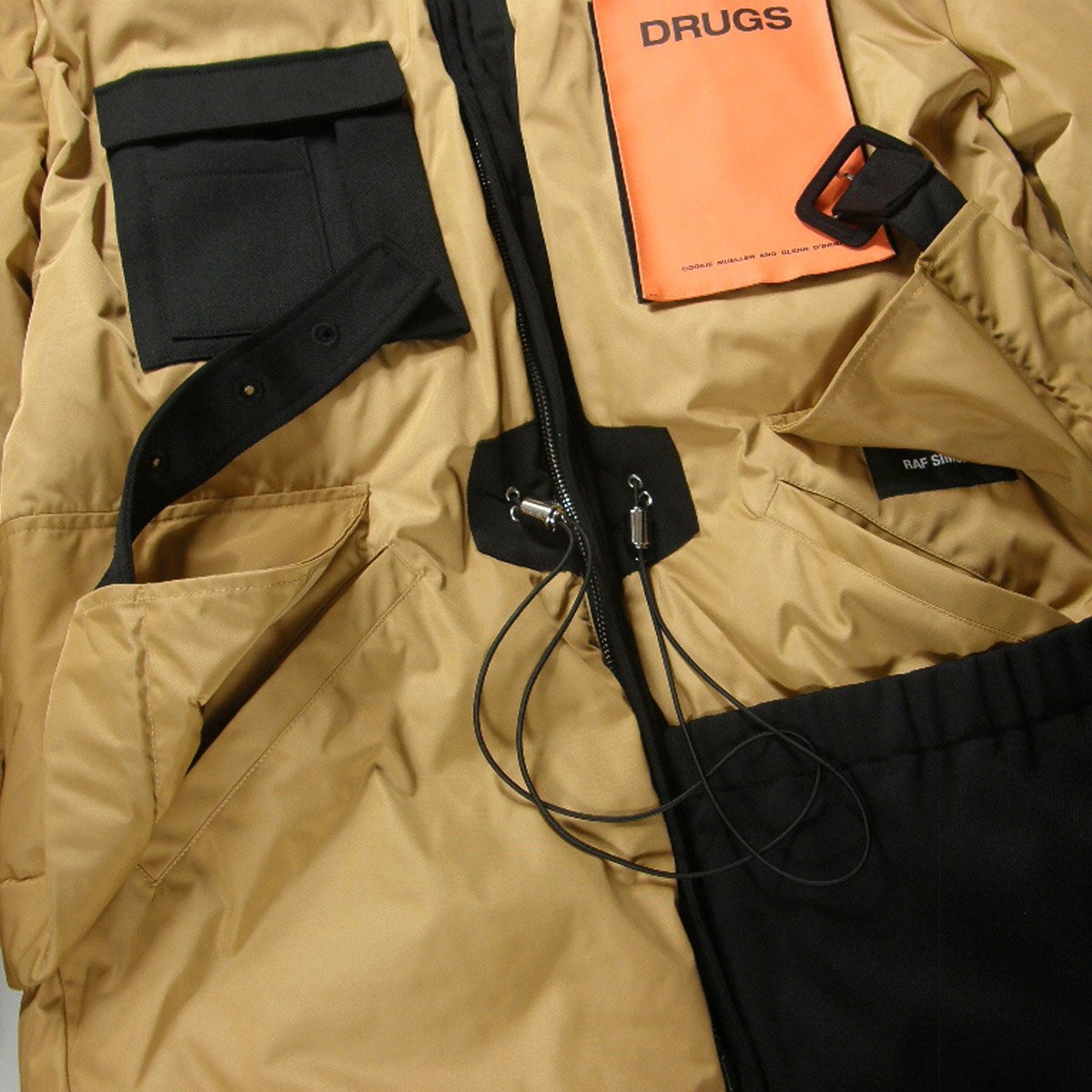 Raf Simons AW2018 Reversible Down Parka 182-710 with DRUGS Patches, Camel and Black, Size 46, Unworn with Tags, view 7