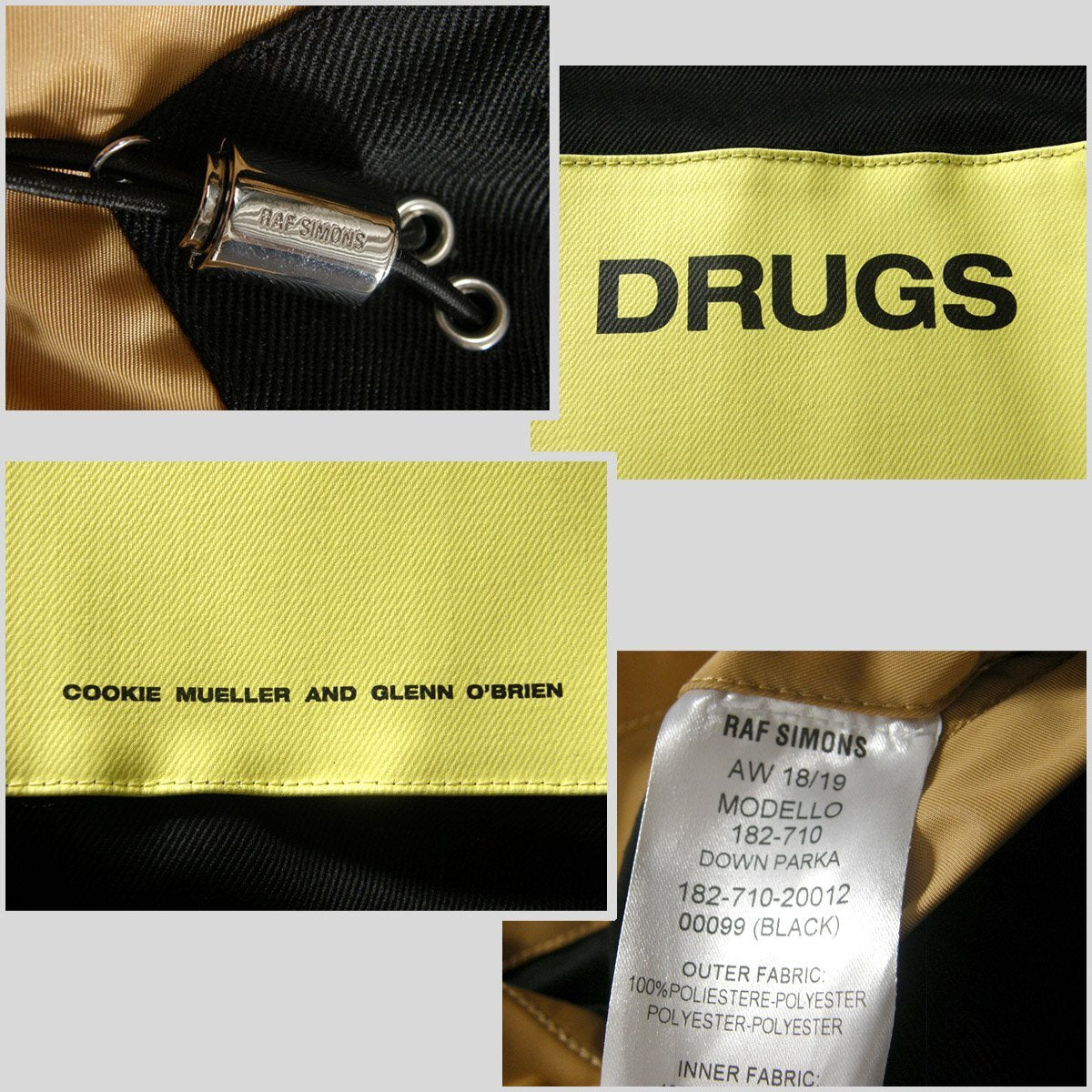Raf Simons AW2018 Reversible Down Parka 182-710 with DRUGS Patches, Camel and Black, Size 46, Unworn with Tags, view 10