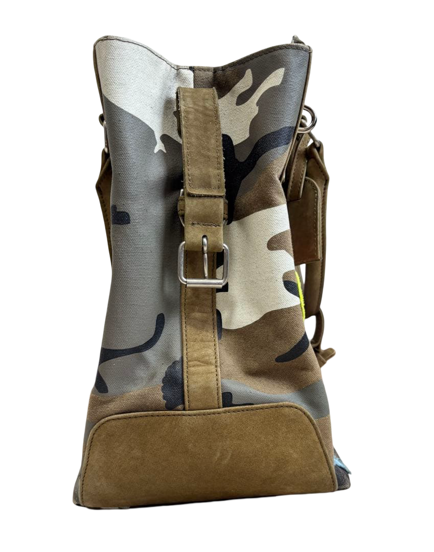 READYMADE Gym Bag camouflage canvas tote with multicolour flower patches – side profile with leather strap and buckle