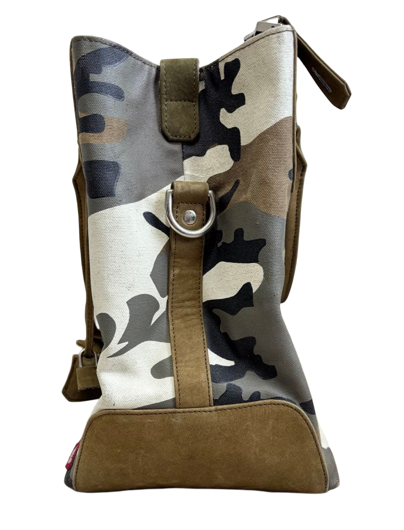 READYMADE Gym Bag camouflage canvas tote with multicolour flower patches – opposite side profile with strap and D-ring