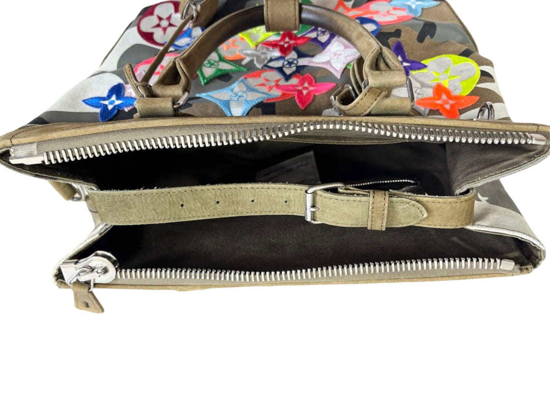 READYMADE Gym Bag camouflage canvas tote with multicolour flower patches – top-down view of the open bag with handles