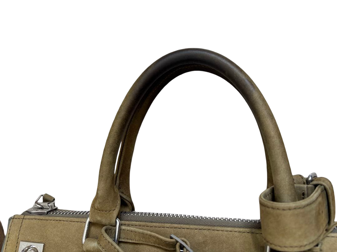 READYMADE Gym Bag camouflage canvas tote with multicolour flower patches – rolled leather handles from above