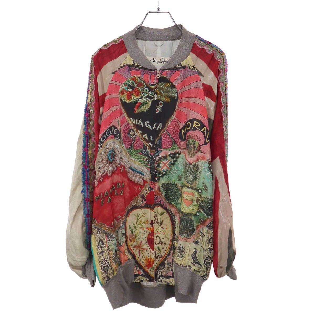 Share Spirit SS2024 Silk Bamboo Souvenir Jacket FS2418AD, Hand-Beaded Sacred Heart Collage, Multicolour, Size S, view 1