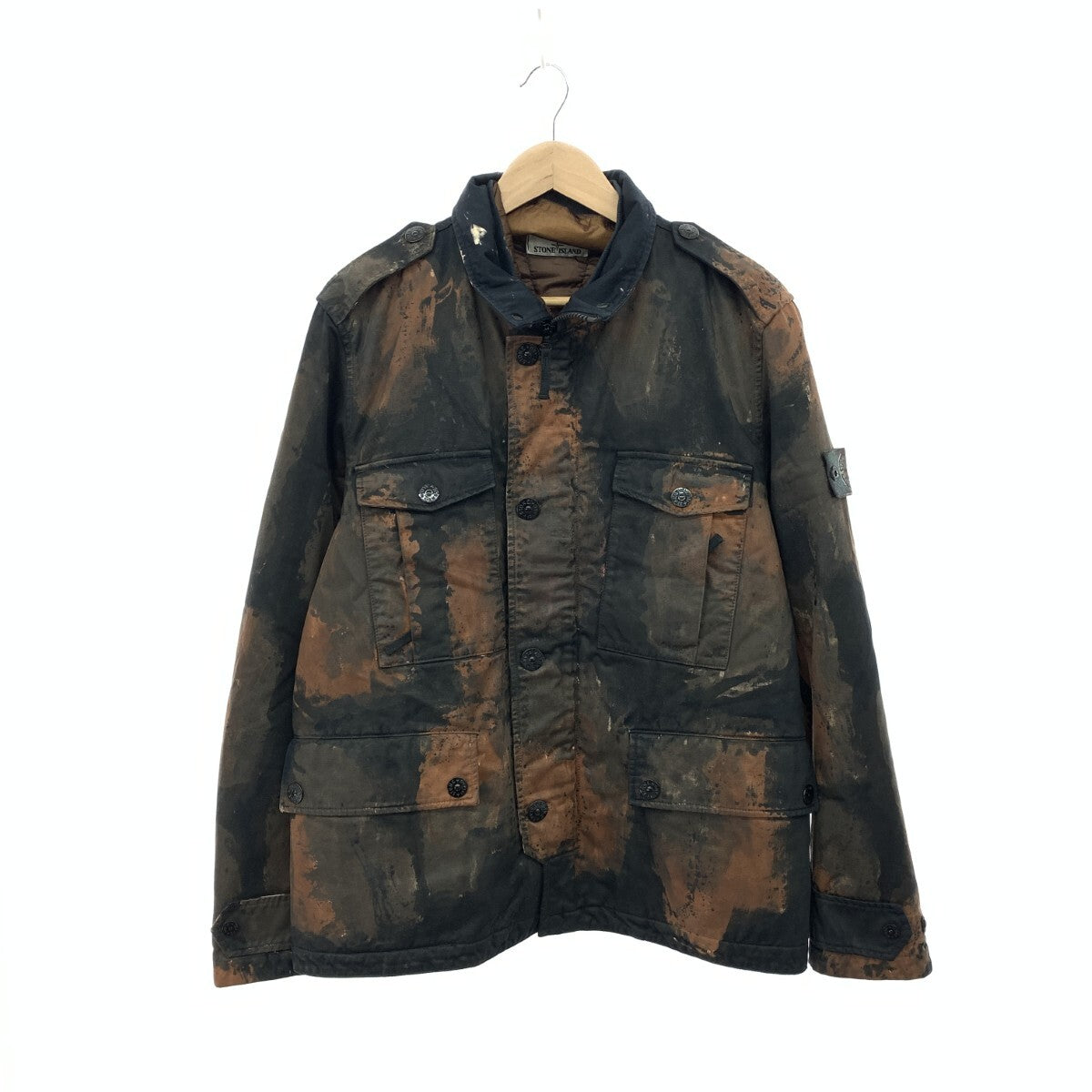 Stone Island AW2014 Raso Hand Painted Tortoise Shell Field Jacket with Down Liner, Brown and Navy, Size L, view 1