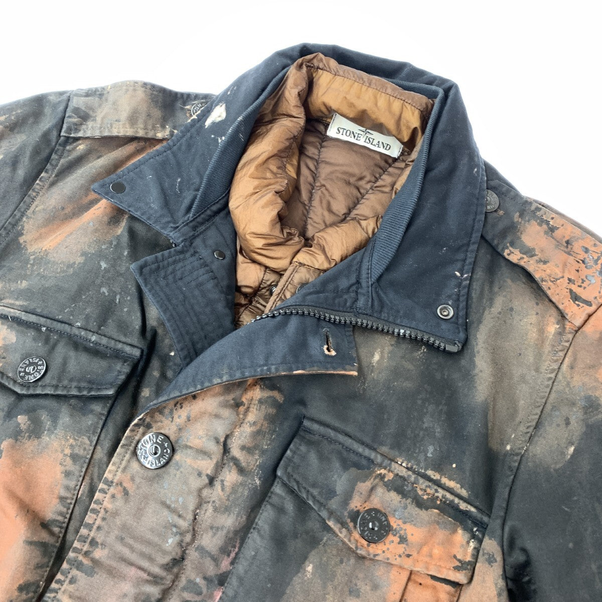 Stone Island AW2014 Raso Hand Painted Tortoise Shell Field Jacket with Down Liner, Brown and Navy, Size L, view 3