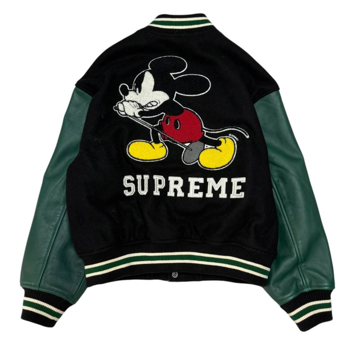 Supreme x Number (N)ine FW25 Mickey Varsity Jacket, Wool Body with Green Leather Sleeves, Black, Size S, view 1