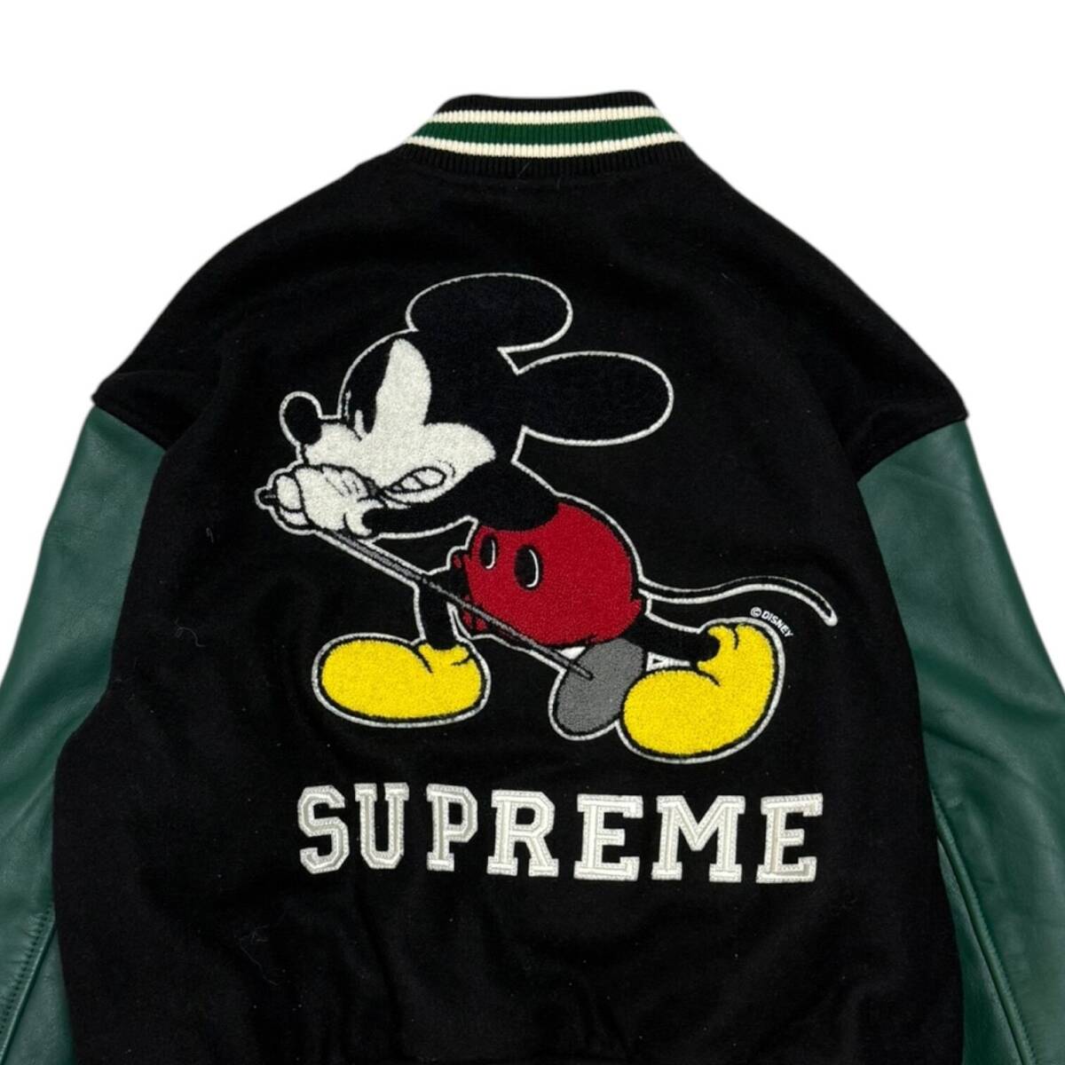 Supreme x Number (N)ine FW25 Mickey Varsity Jacket, Wool Body with Green Leather Sleeves, Black, Size S, view 4