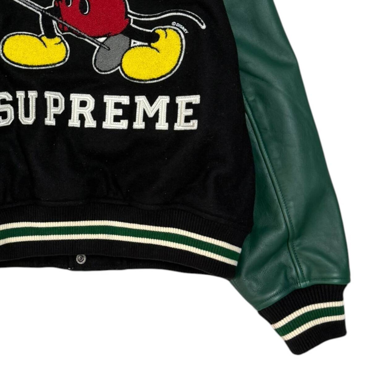 Supreme x Number (N)ine FW25 Mickey Varsity Jacket, Wool Body with Green Leather Sleeves, Black, Size S, view 6