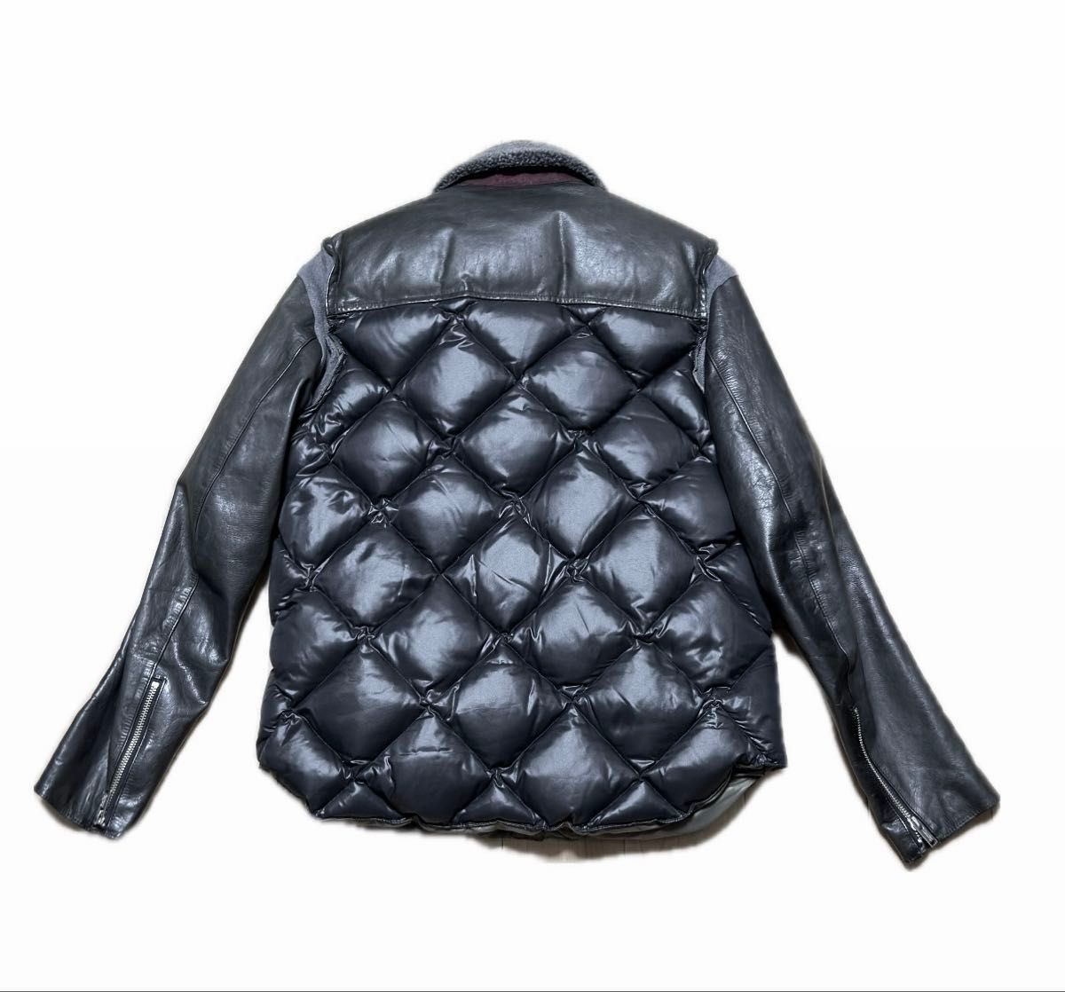 Undercover AW2013 Diamond-Quilted Down Jacket with Leather Sleeves and Mouton Collar, Black, Size 2, view 2