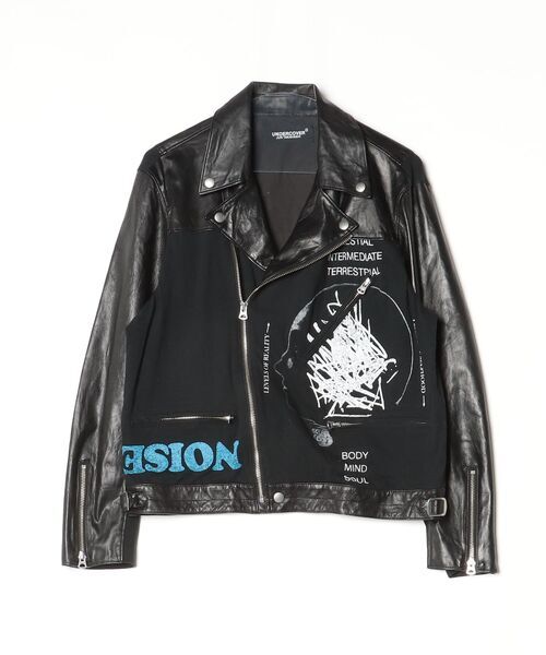 Undercover SS2022 Leather Rider Jacket with Printed Cotton Panels UC1B4207-1, Black, Size 2, view 1