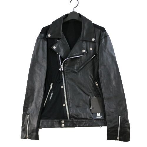 Undercover SS2024 Light Leather Eyelet Zip Rider Jacket with Knit Panels UC1D4206, Black, Size 3, Tags, view 1